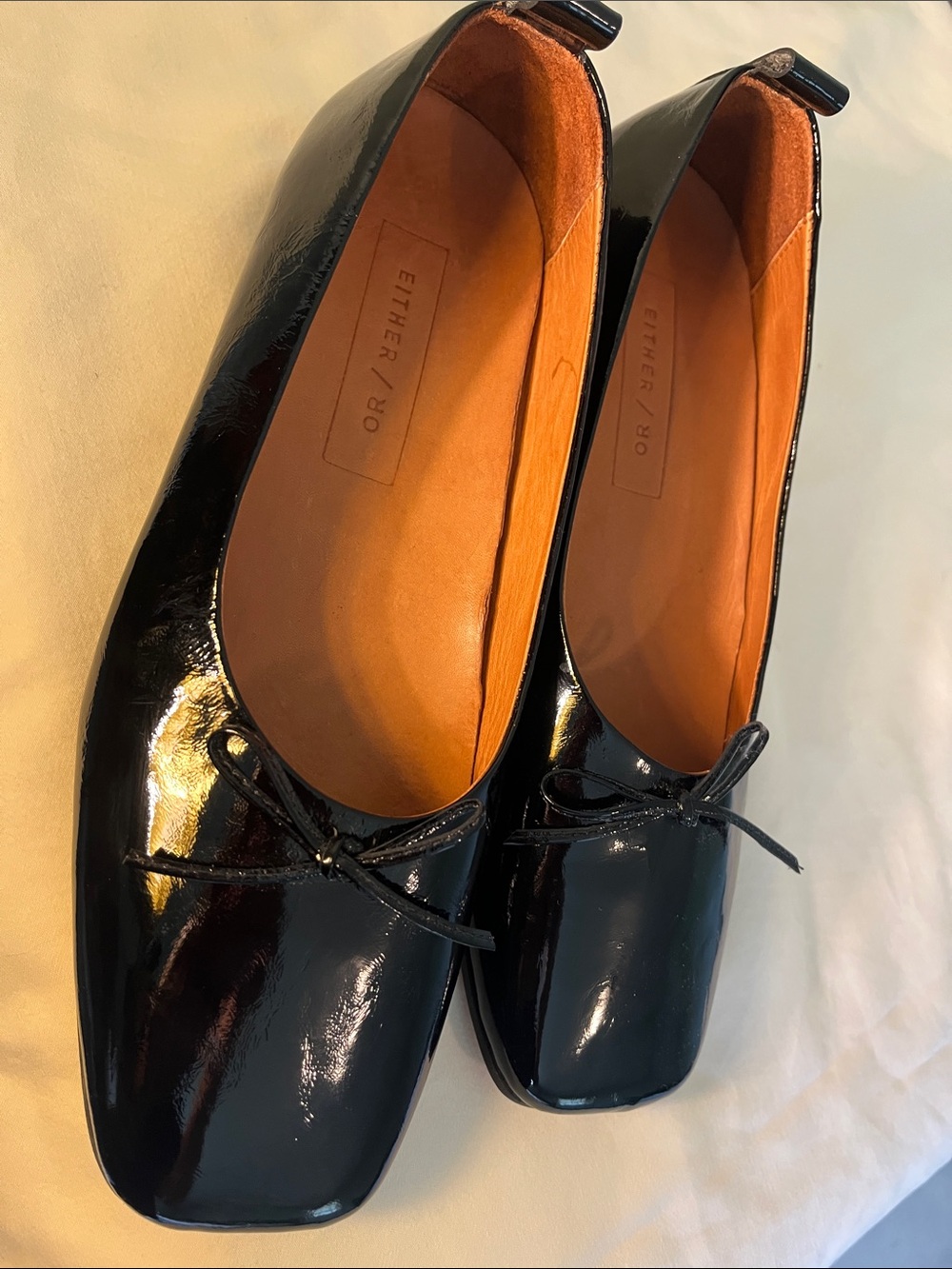 New Either/Or Black Patent Ballet Flats with Bow